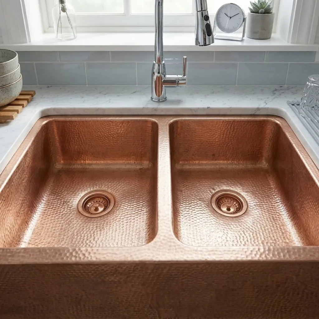 Artisan Hammered Double Bowl Copper Farmhouse Apron Front Kitchen Sink