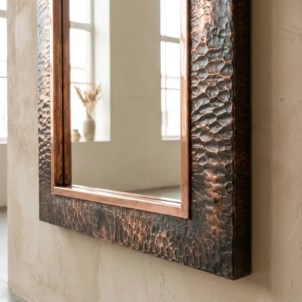 Patina Copper Rectangular Mirror – Artisan Bathroom Wall Accent