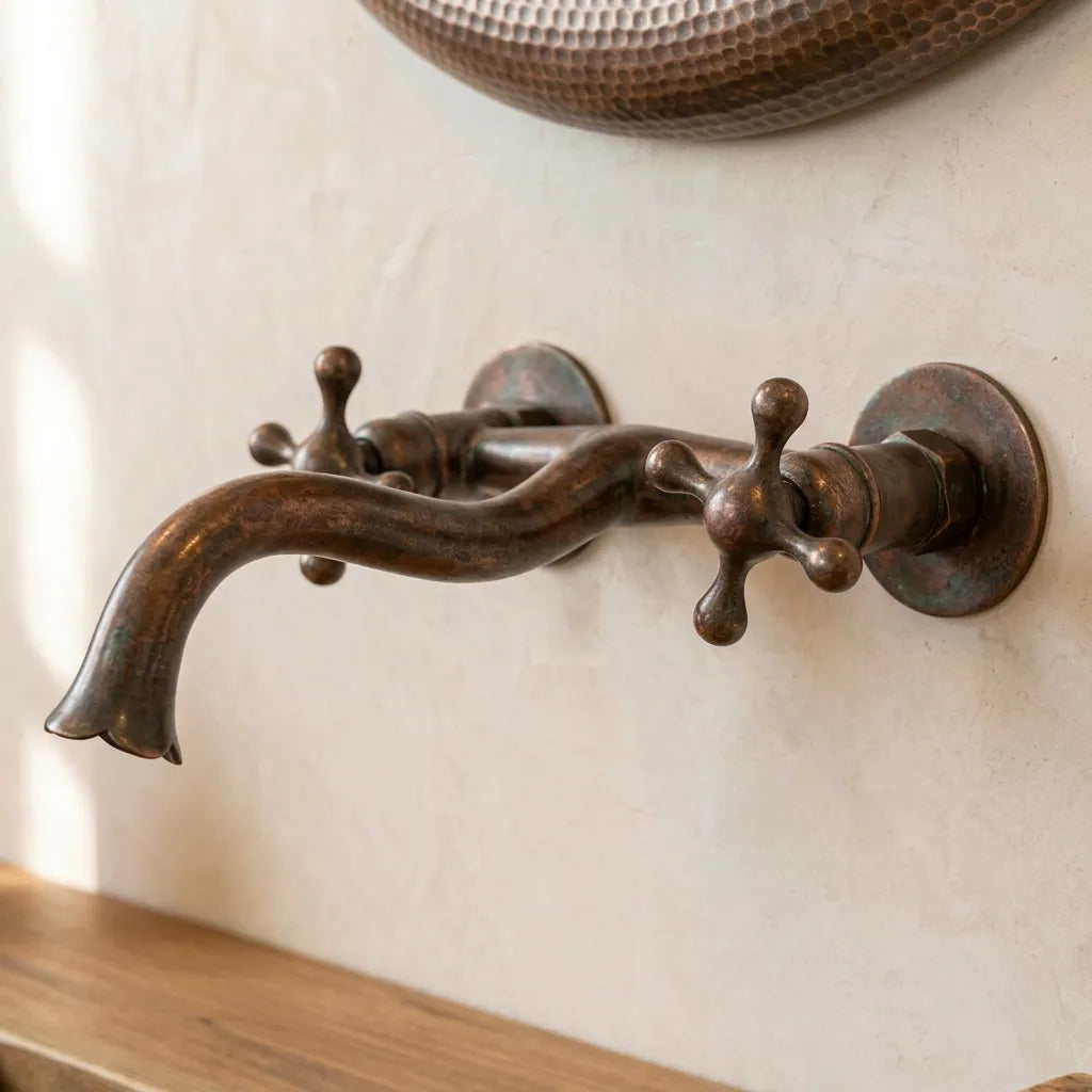 Aged Copper Wall Faucet – Vintage Cross Handle Sink Tap