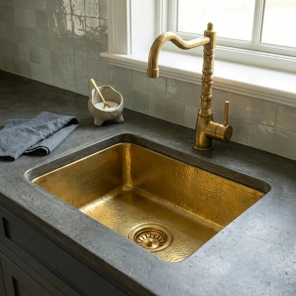 Hammered Brass Undermount Kitchen Sink with Rounded Corners