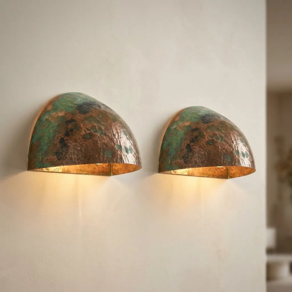 Handmade Green Patina Copper Wall Sconce – Hammered Half Dome Light