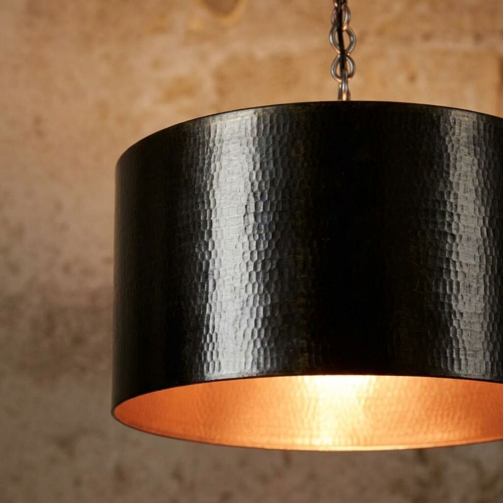 Black Hammered Drum Pendant Light – Rustic Copper Interior Ceiling Lamp