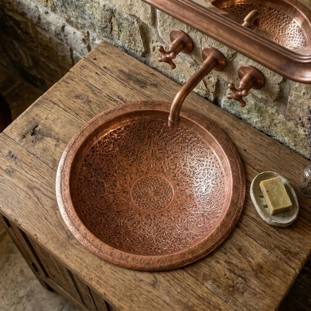 Handmade Hammered Copper Drop-In Bathroom Sink Basin