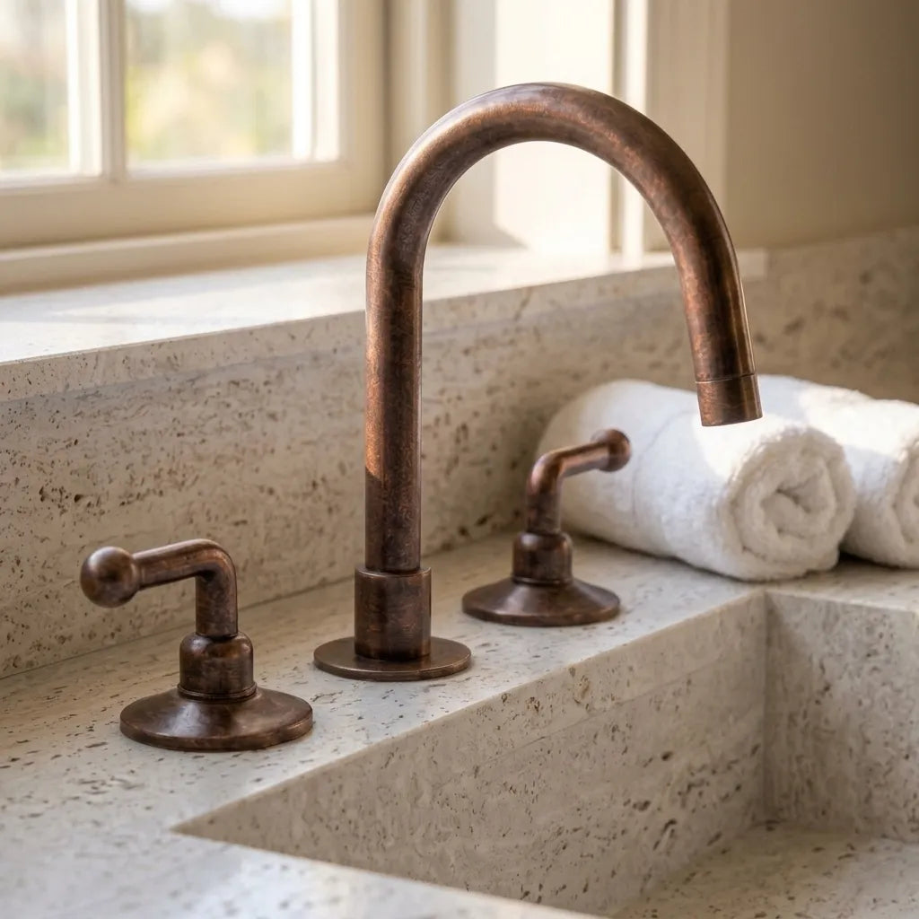 Handmade Aged Copper Bridge Bathroom Faucet with Gooseneck Spout