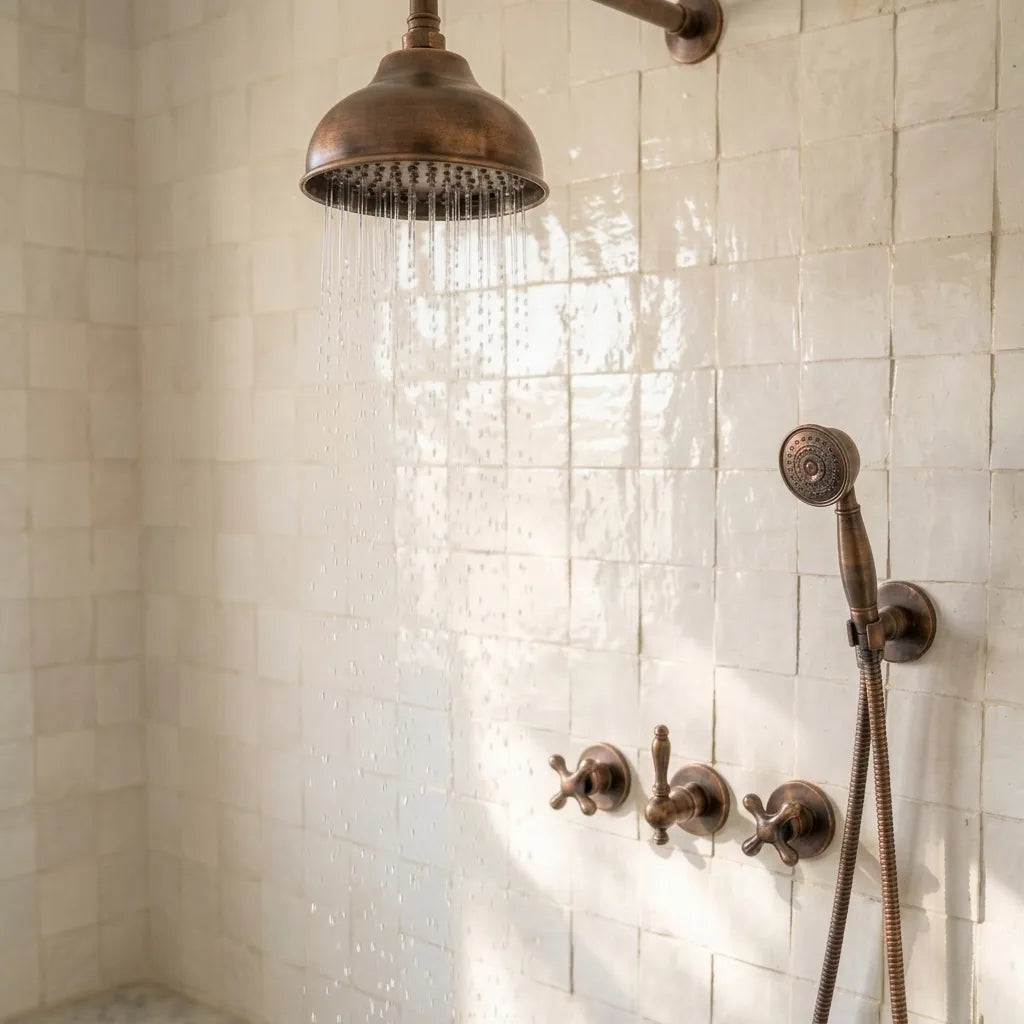 Aged Copper Rain Shower System with Handheld Sprayer