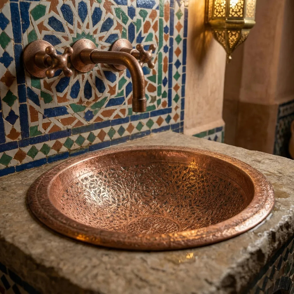 Engraved Copper Bathroom Sink – Moroccan Vanity Bowl