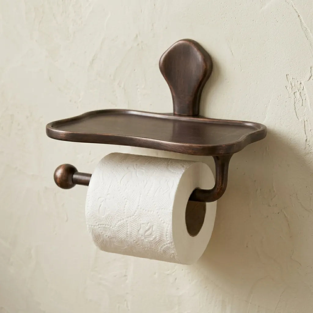 Aged Copper Toilet Paper Holder with Shelf – Wall Mounted