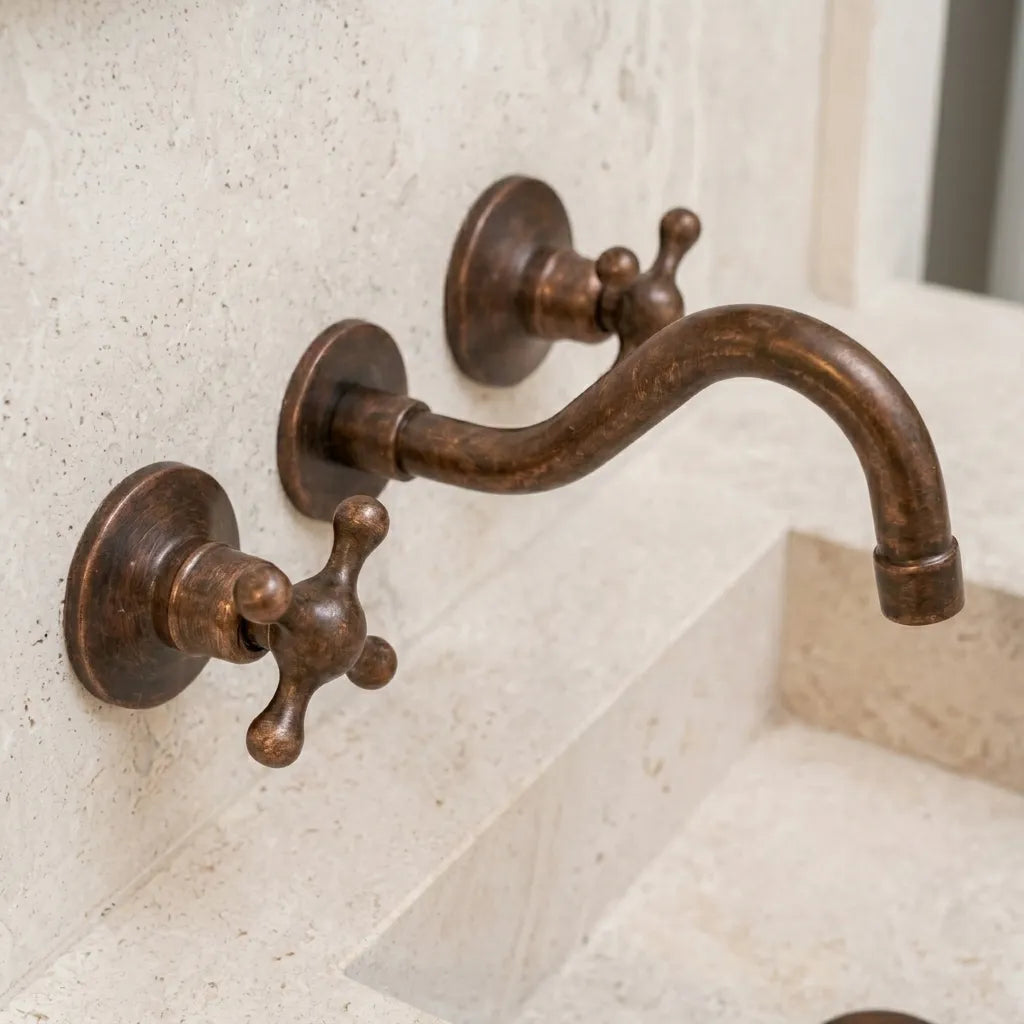 Rustic Copper Wall Faucet – Vintage Cross Handle Sink Tap