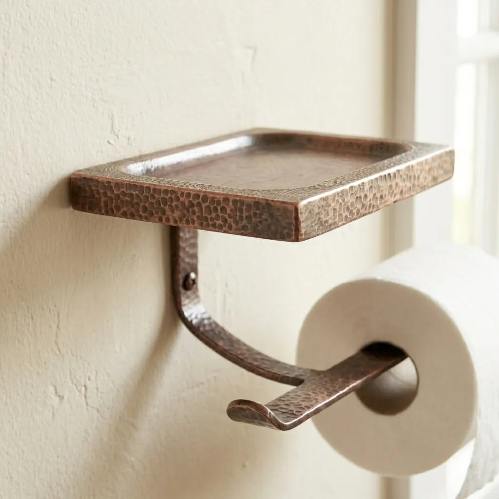 Hammered Copper Toilet Roll Holder with Bathroom Shelf