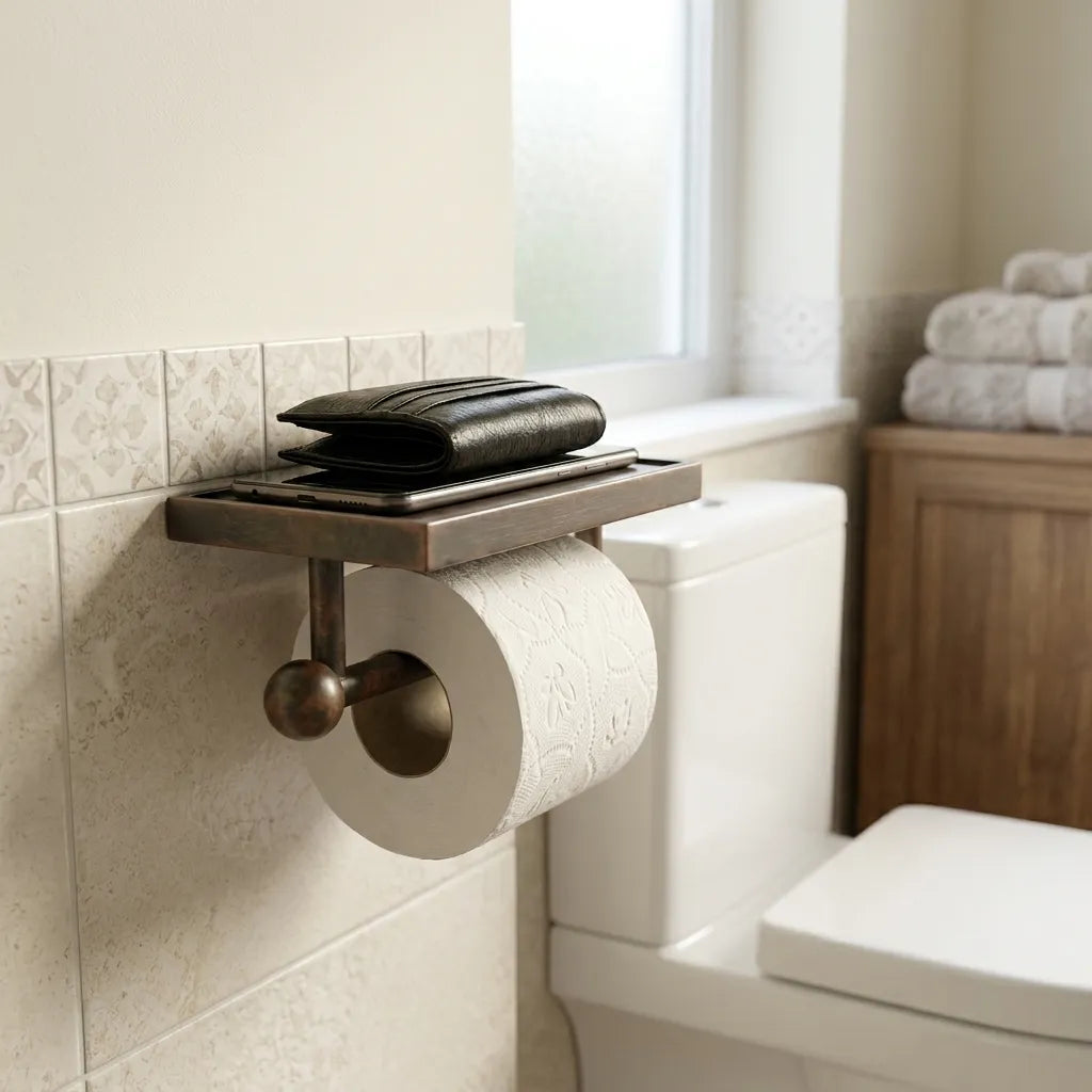 Vintage Copper Toilet Paper Holder with Phone Shelf
