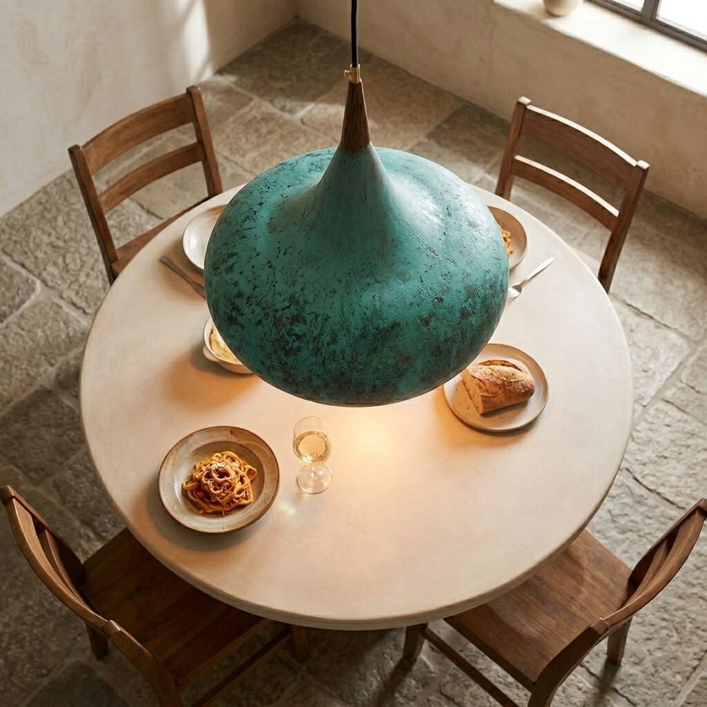 Handmade Verdigris Copper Pendant Light with Wood Accent