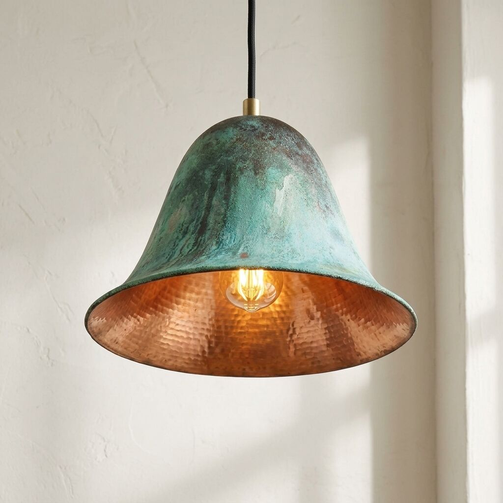 Handmade Oxidized Copper Pendant Light, Green Patina Dome Lamp