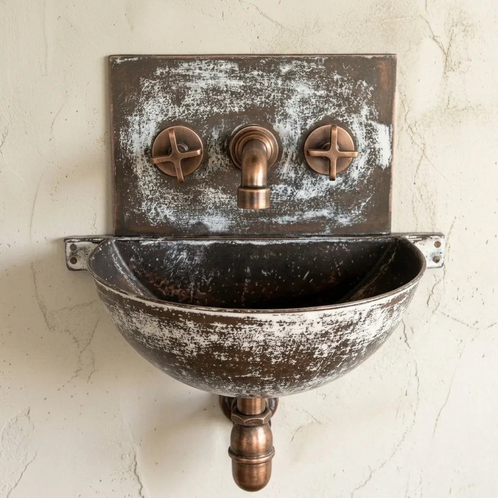 Distressed White Copper Wall Sink with Aged Copper Faucet