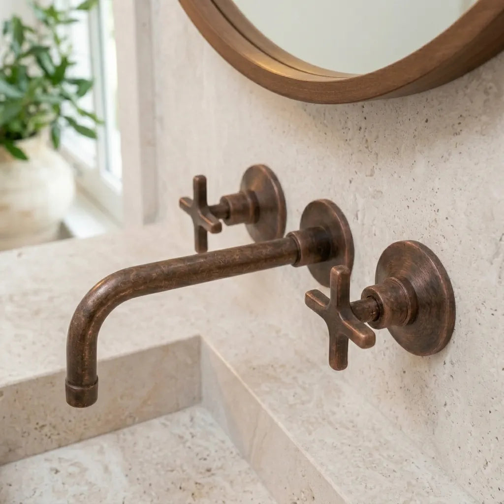 Wall Mount Aged Copper Bathroom Faucet with Cross Handles