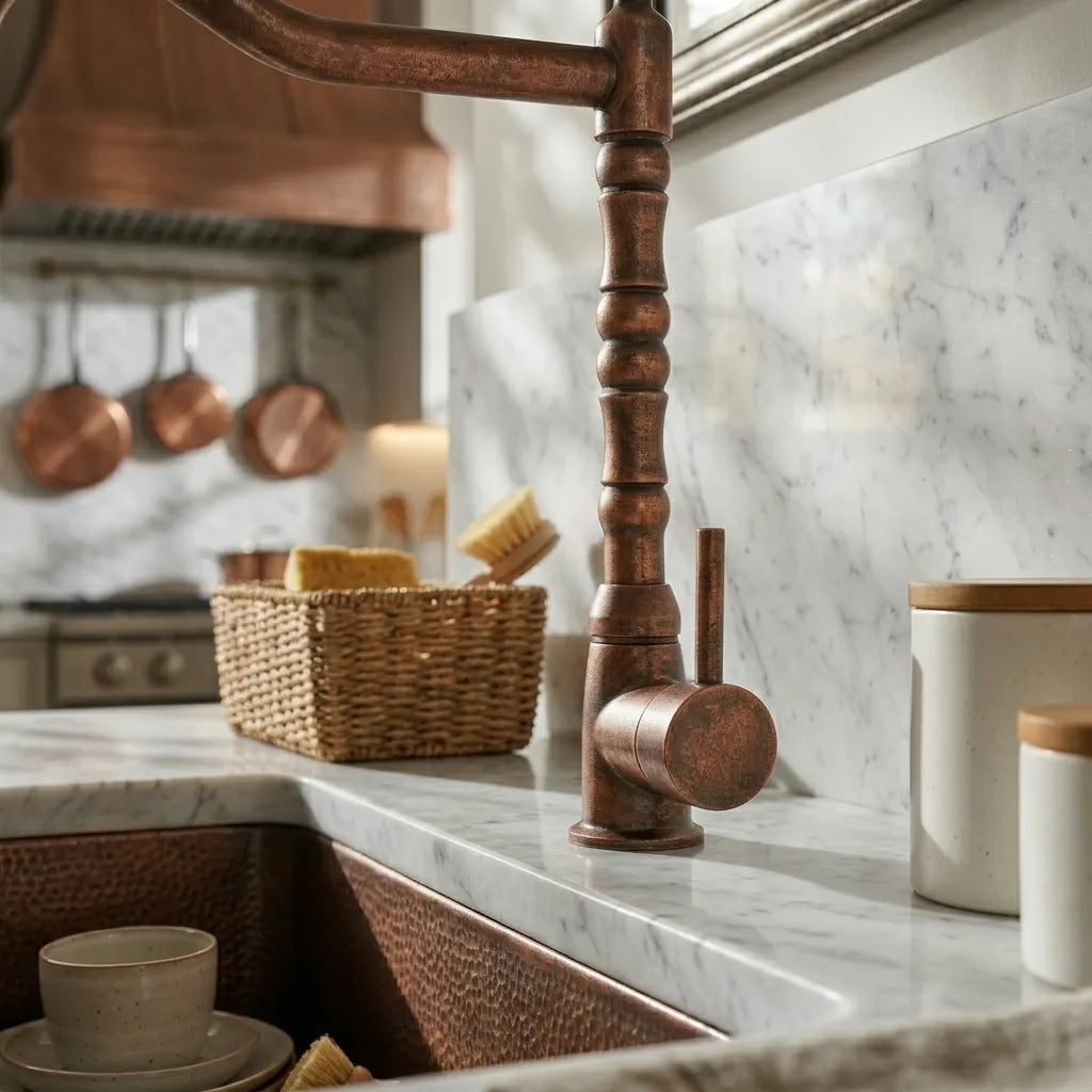 Aged Copper Kitchen Faucet with High Arc Swivel Spout