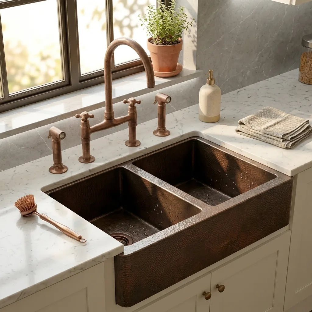 Hammered Copper Double Bowl Farmhouse Apron Kitchen Sink