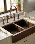 Hammered Copper Double Bowl Farmhouse Apron Kitchen Sink