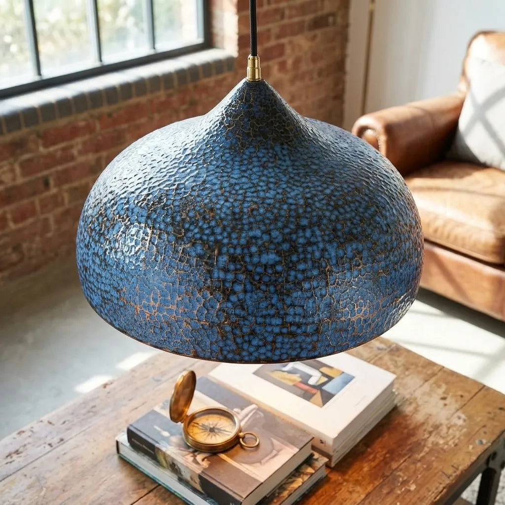 Handmade Blue Patina Copper Pendant Light – Rustic Dome Ceiling Lamp