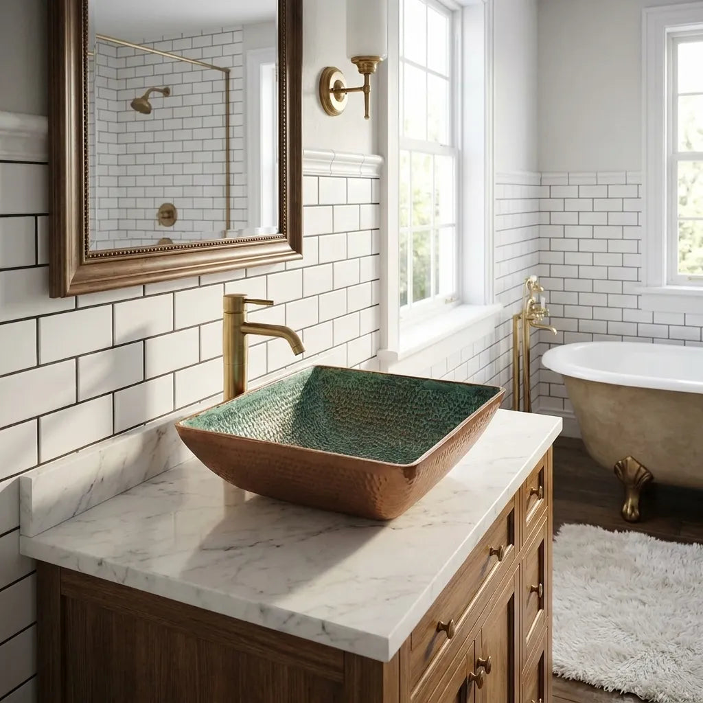 Handmade Oxidized Copper Vessel Sink – Square Hammered Bathroom Basin