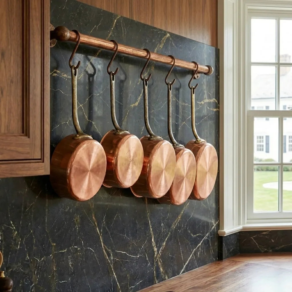 Rustic Copper Wall Pot Rail with S Hooks for Kitchen Storage