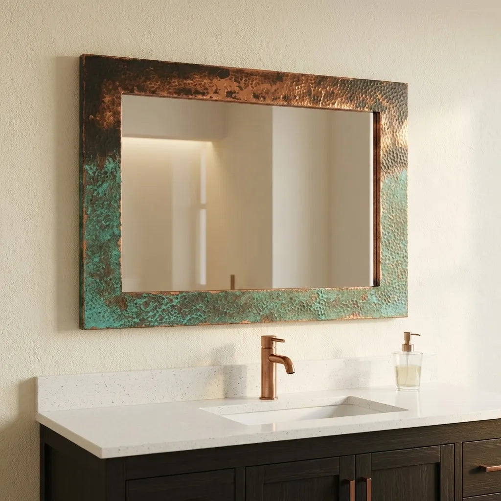 Verdigris Copper Bathroom Mirror – Hammered Rectangular Frame