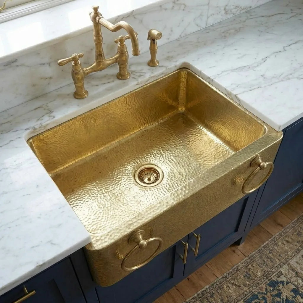 Handmade Hammered Brass Apron Front Farmhouse Kitchen Sink with Ring Handles