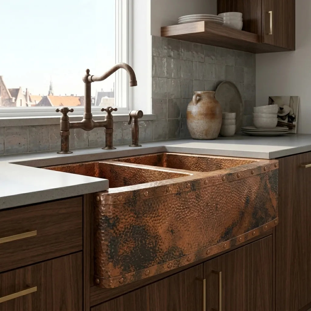 Double Bowl Hammered Copper Farmhouse Sink with Riveted Apron