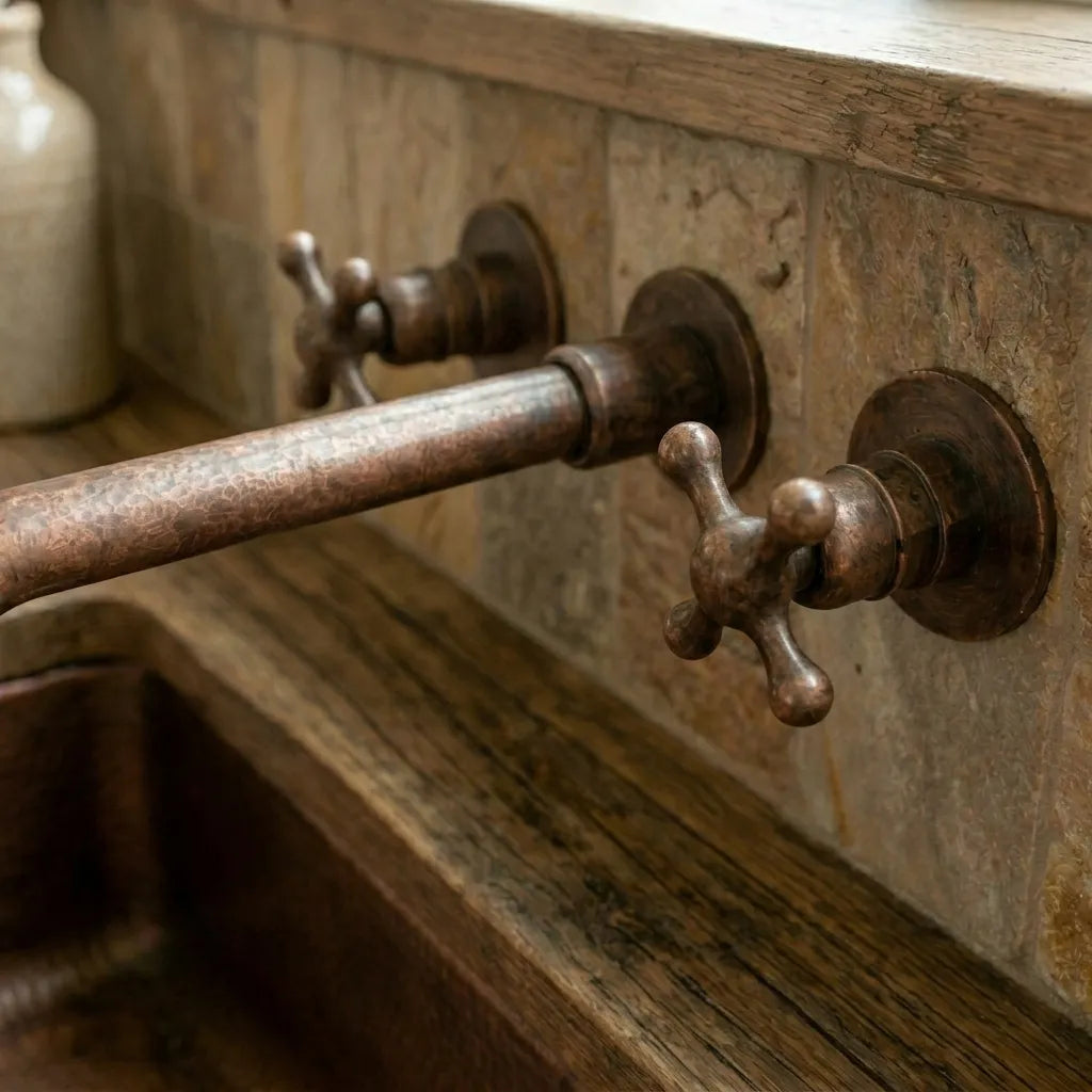 Vintage Copper Wall Tap – Farmhouse Cross Handle Faucet