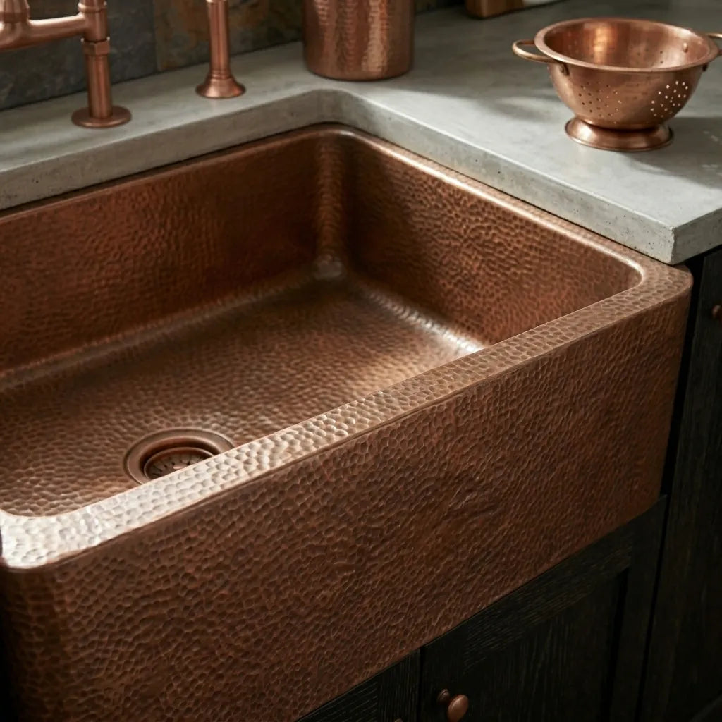 Handmade Hammered Copper Farmhouse Apron Front Kitchen Sink