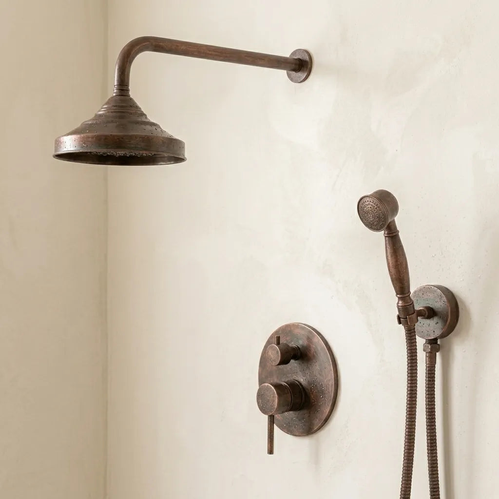 Aged Copper Rainfall Shower Set with Hand Sprayer