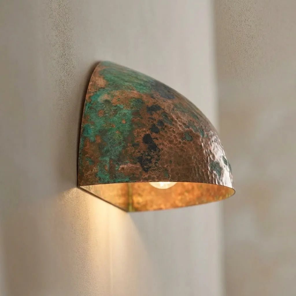 Handmade Green Patina Copper Wall Sconce – Hammered Half Dome Light