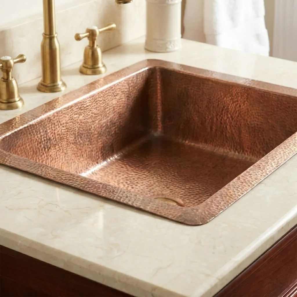 Hammered Copper Drop-In Bathroom Sink – Square Vanity Basin