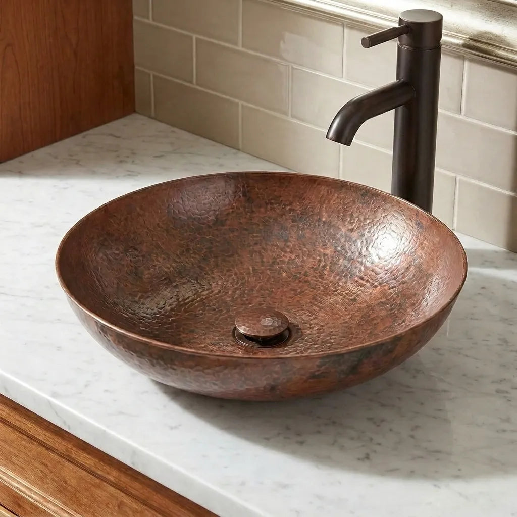 Handmade Hammered Copper Vessel Sink for Rustic Bathroom Vanity