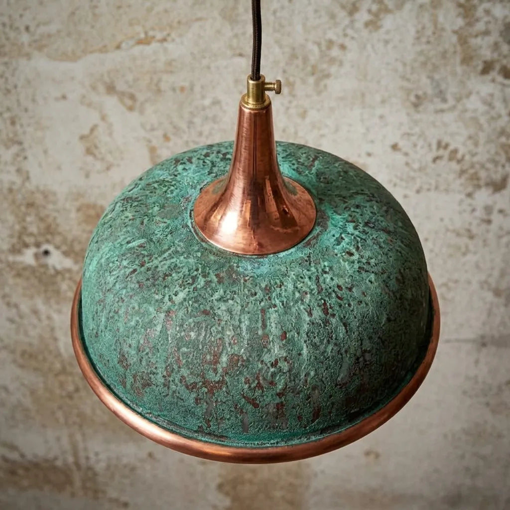 Handmade Green Patina Copper Pendant Light for Rustic Kitchen & Dining