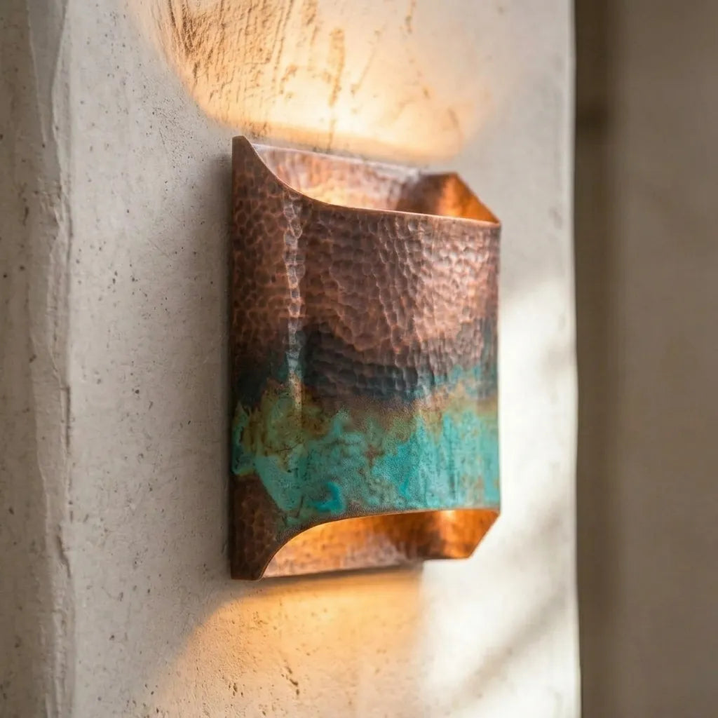 Hand Hammered Copper Wall Sconce with Verdigris Patina