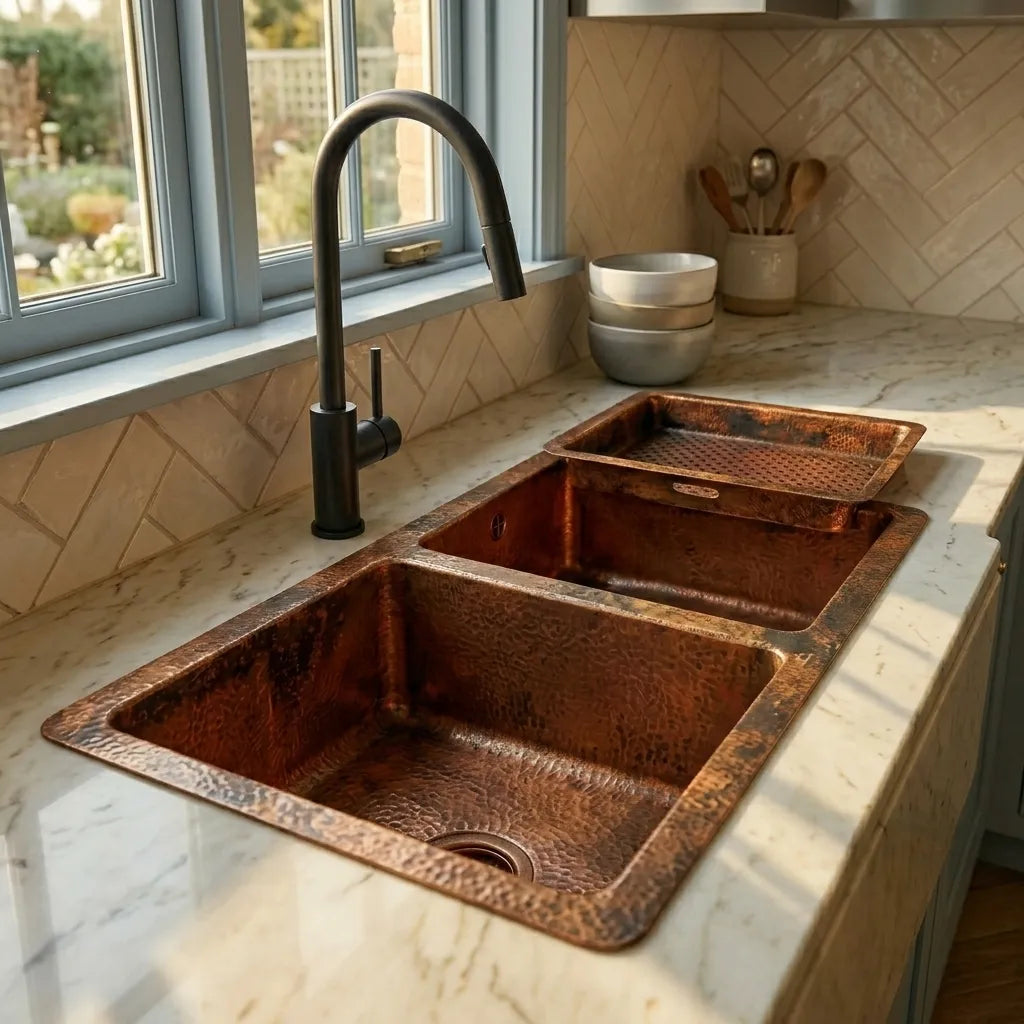Hammered Copper Double Basin Kitchen Sink with Raised Drying Tray