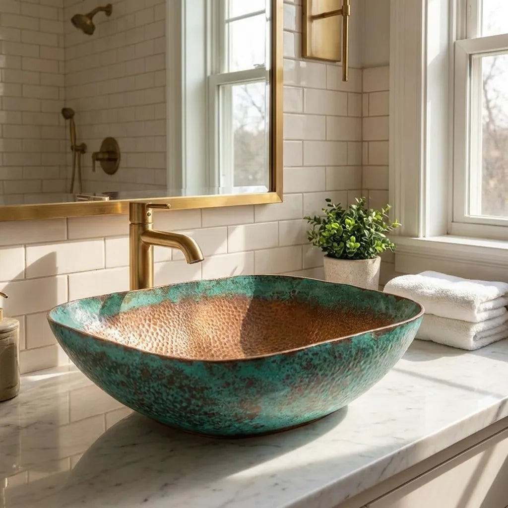 Oxidized Copper Vessel Sink with Rustic Hammered Patina Finish