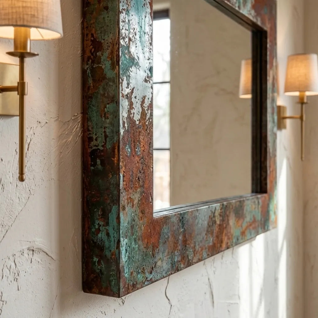 Oxidized Copper Wall Mirror – Rustic Verdigris Frame
