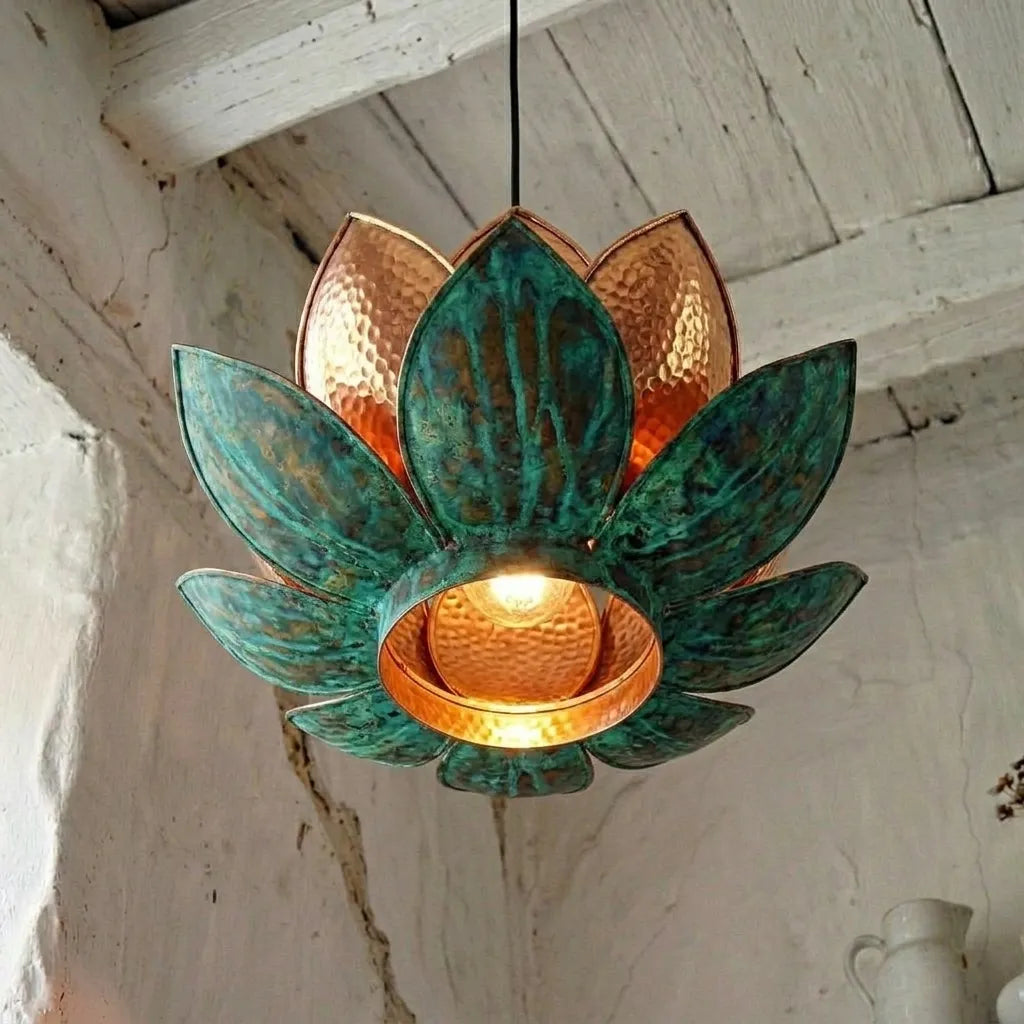 Handmade Hammered Copper Lotus Pendant Light with Verdigris Patina