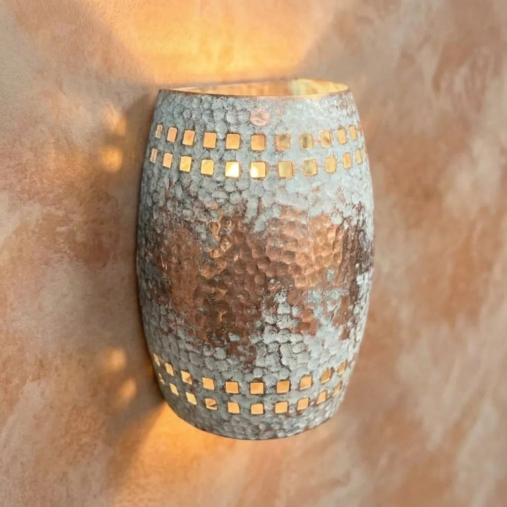 Handmade White Patina Copper Wall Sconce – Hammered Rustic Light
