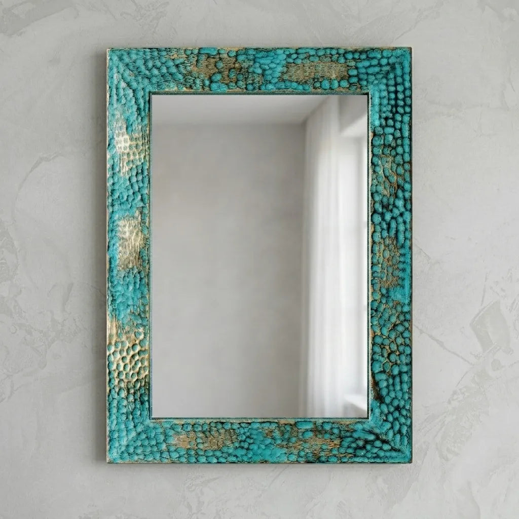 Turquoise Patina Copper Wall Mirror – Handmade Vanity Decor