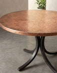 Round Hammered Copper Coffee Table with Curved Copper Base