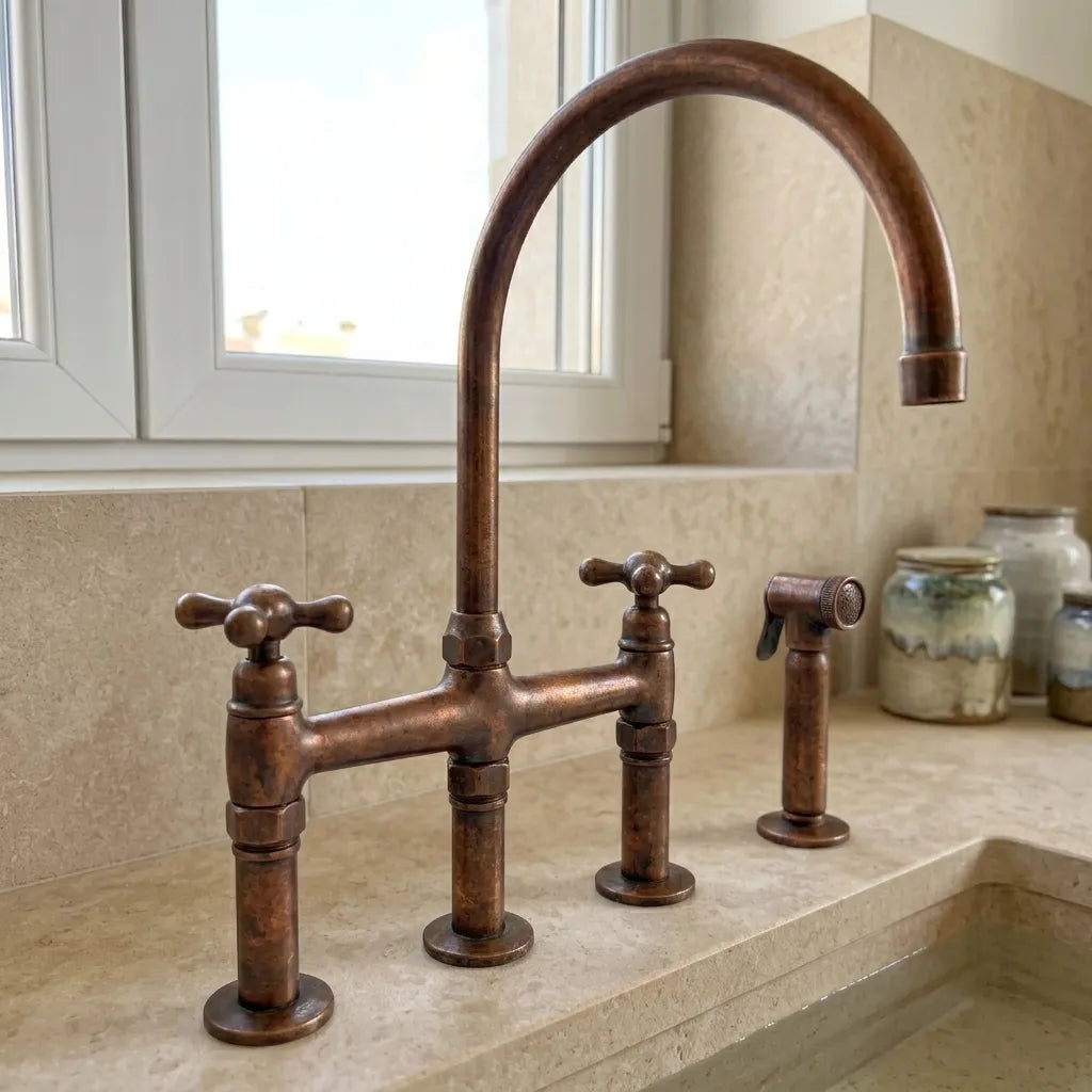 Rustic Copper Kitchen Mixer Tap with Pull-Out Side Sprayer