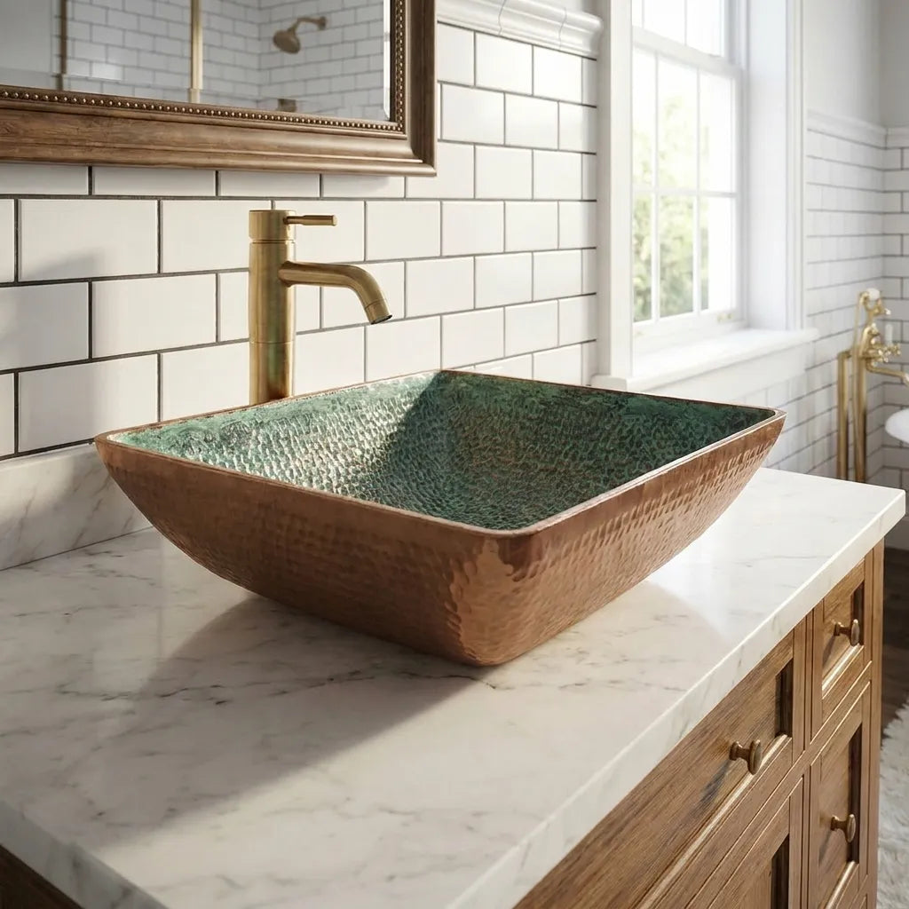 Handmade Oxidized Copper Vessel Sink – Square Hammered Bathroom Basin