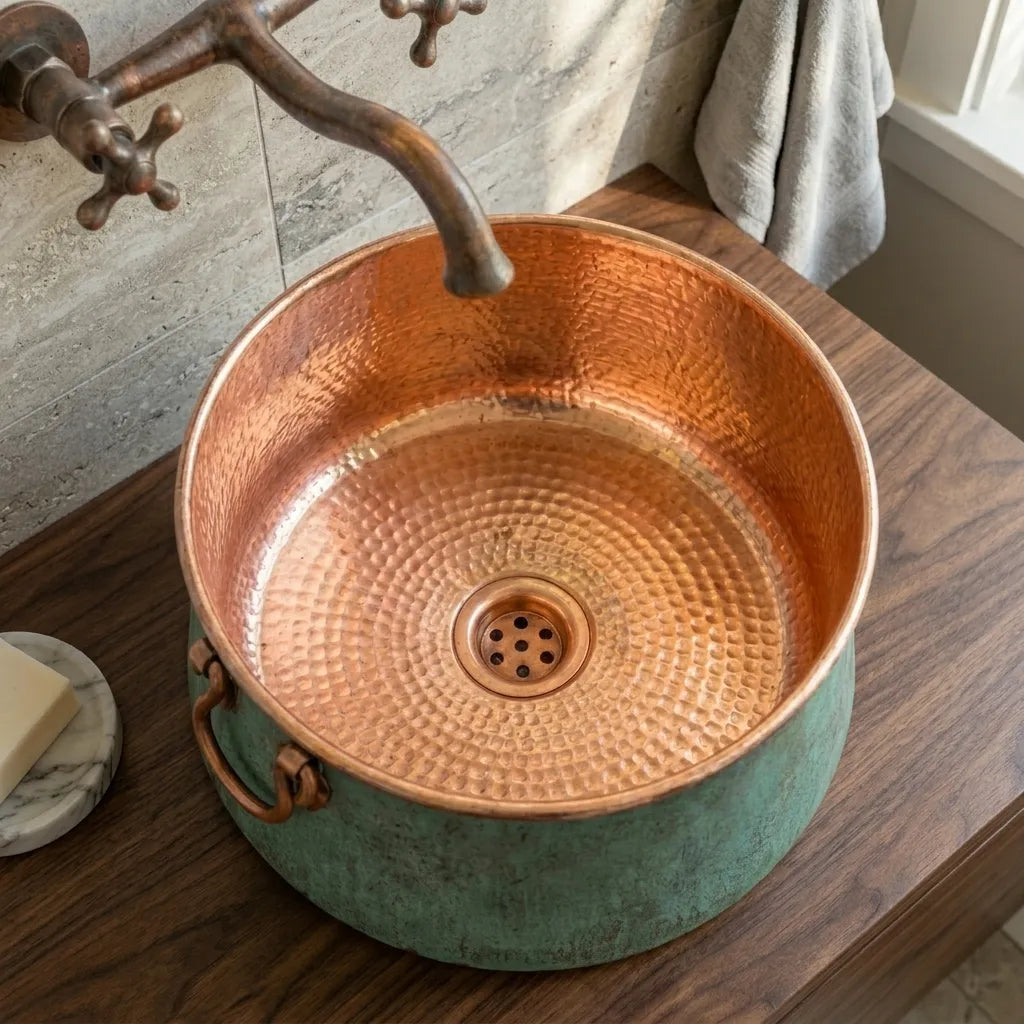Verdigris Copper Bucket Sink with Hammered Vanity Bowl