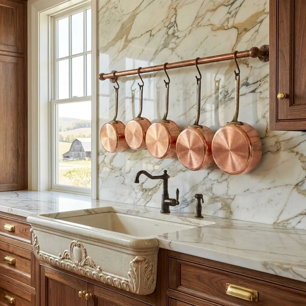Rustic Copper Wall Pot Rail with S Hooks for Kitchen Storage