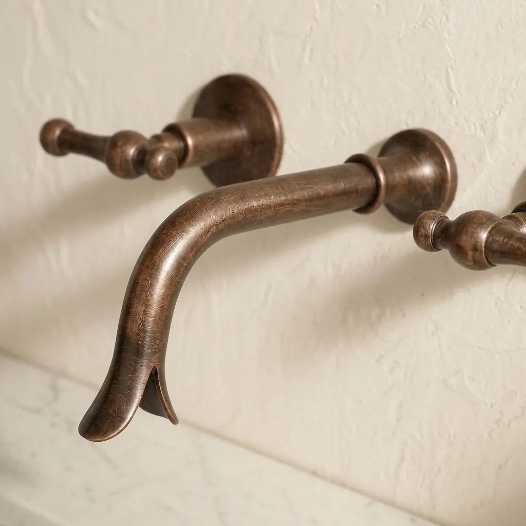 Handmade Patina Copper Wall Faucet with Dual Lever Handles