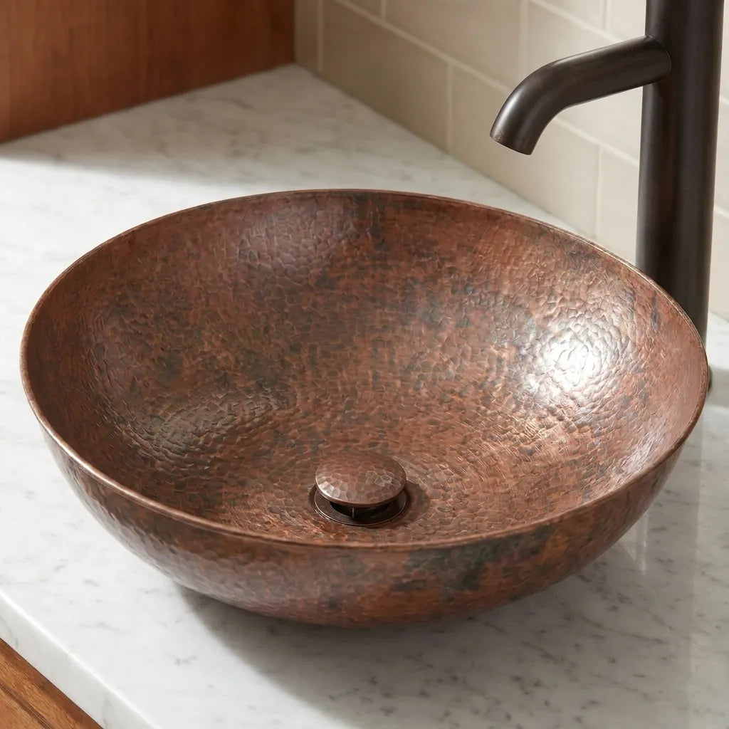Handmade Hammered Copper Vessel Sink for Rustic Bathroom Vanity