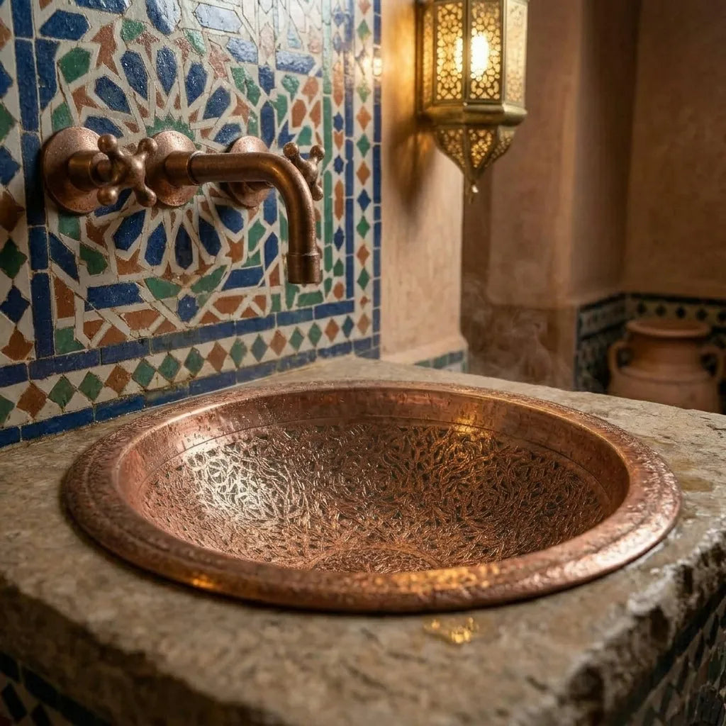 Engraved Copper Bathroom Sink – Moroccan Vanity Bowl