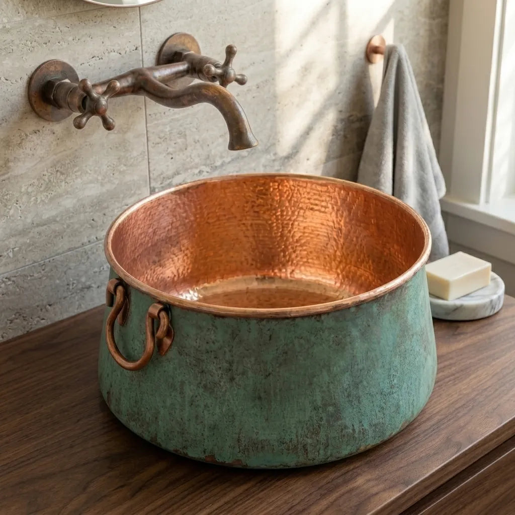 Verdigris Copper Bucket Sink with Hammered Vanity Bowl